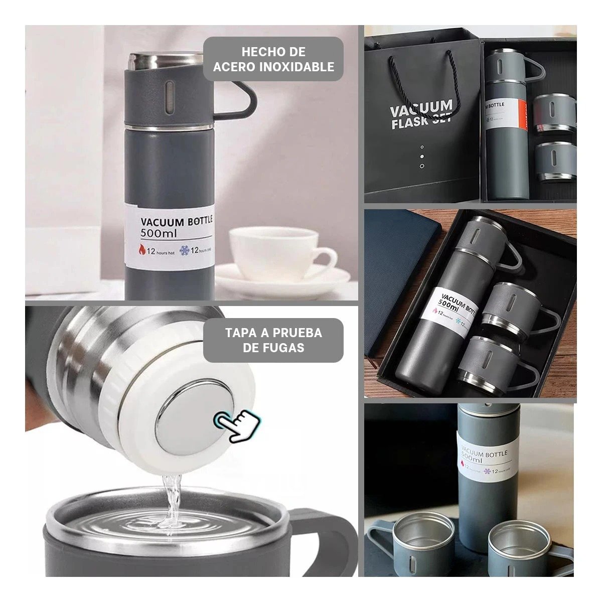PACK12 TERMO PRACTICO CON DOS TAZAS PARA BEBIDAS CALIENTES PLOMO Y+PAPEL REGALO - 2