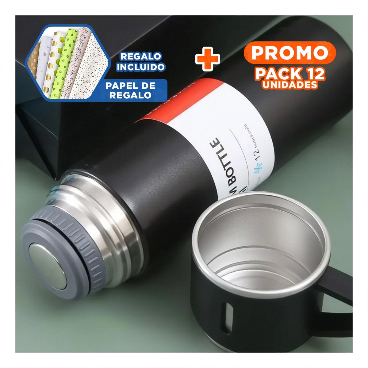 PACK12 TERMO PRACTICO CON DOS TAZAS PARA BEBIDAS EN CASA NEGRO Y+PAPEL REGALO - 1