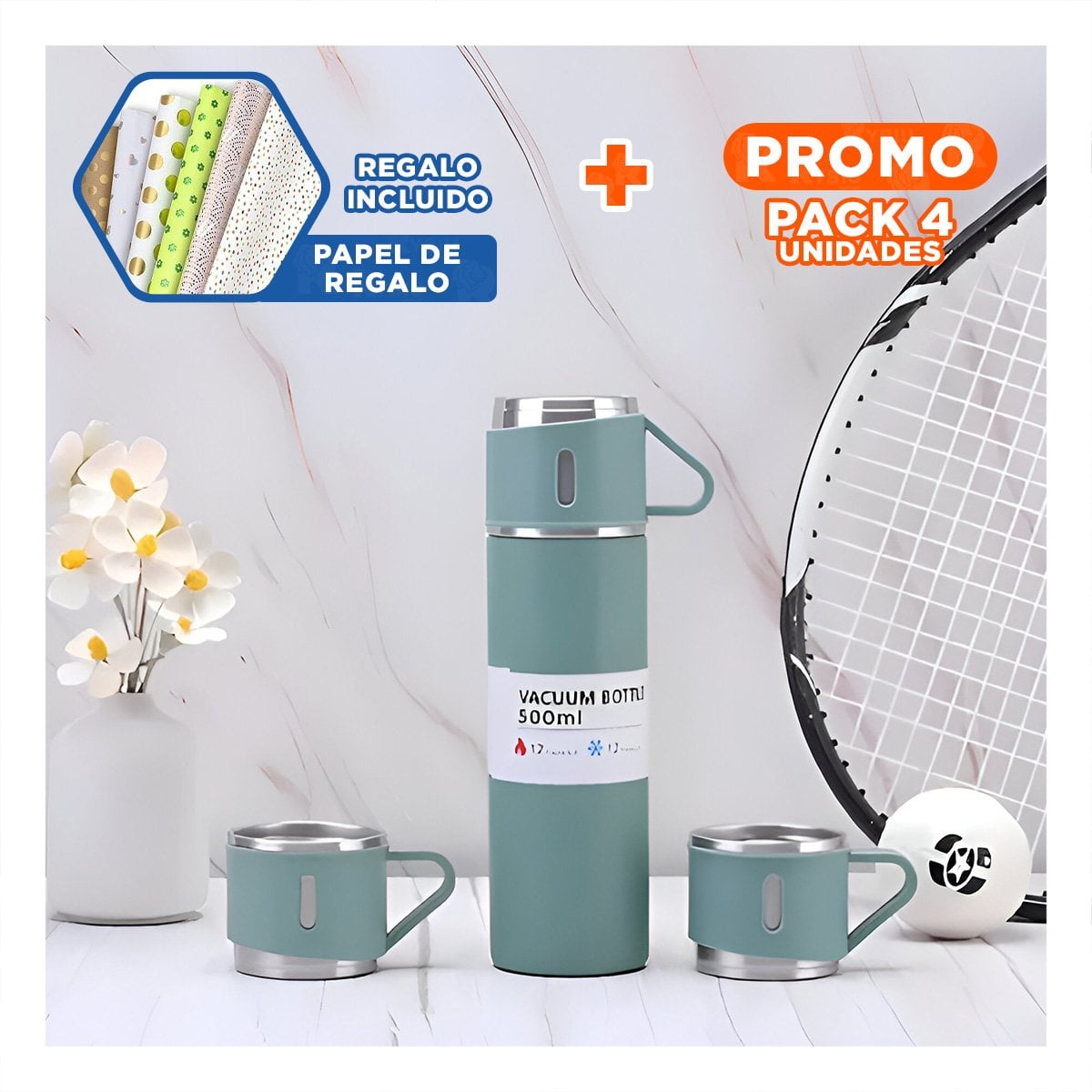PACK4 JARRA MODERNA INDIVIDUAL CON DOS TAZAS PARA OFICINA VERDE Y+PAPEL REGALO - 1