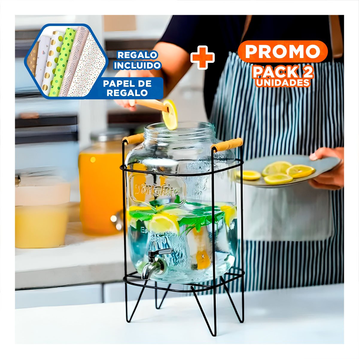 PACK2 SURTIDOR PARA LÍQUIDO 8L CON SOPORTE METÁLICO RESISTENTE Y DISEÑO MODERNO Y+PAPEL REGALO - 1