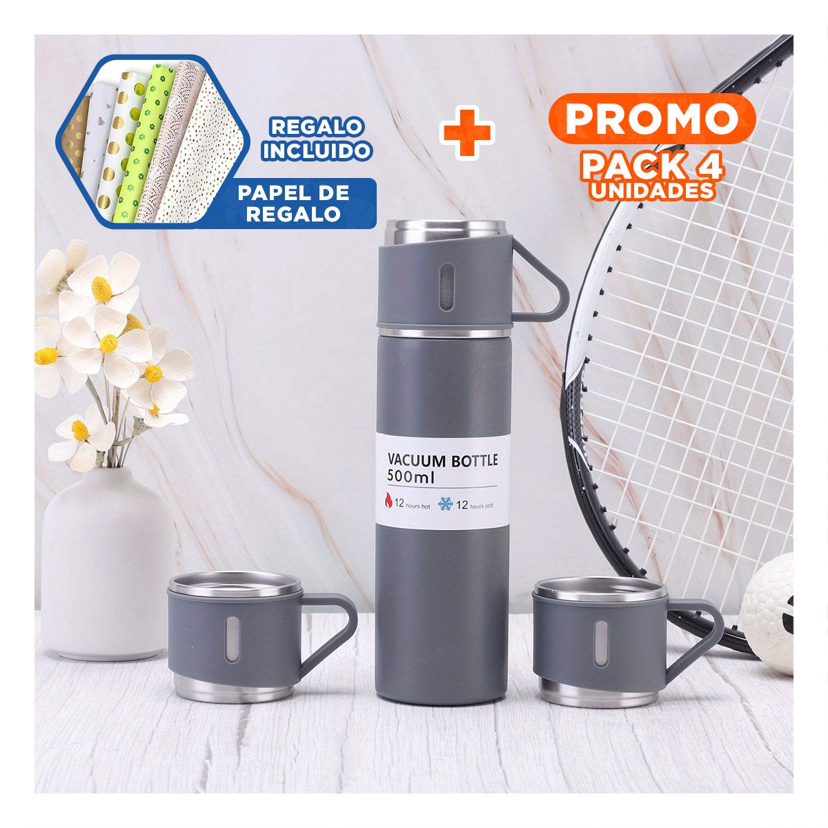 PACK4 JARRA MODERNA INDIVIDUAL CON DOS TAZAS PARA OFICINA PLOMO Y+PAPEL REGALO - 1
