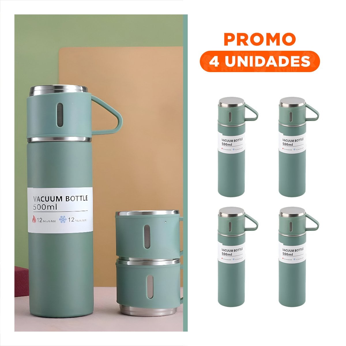PACK4 BOTELLA MODERNA CON DOS TAZAS PARA VIAJE VERDE Y+REGALO STICKER - 1