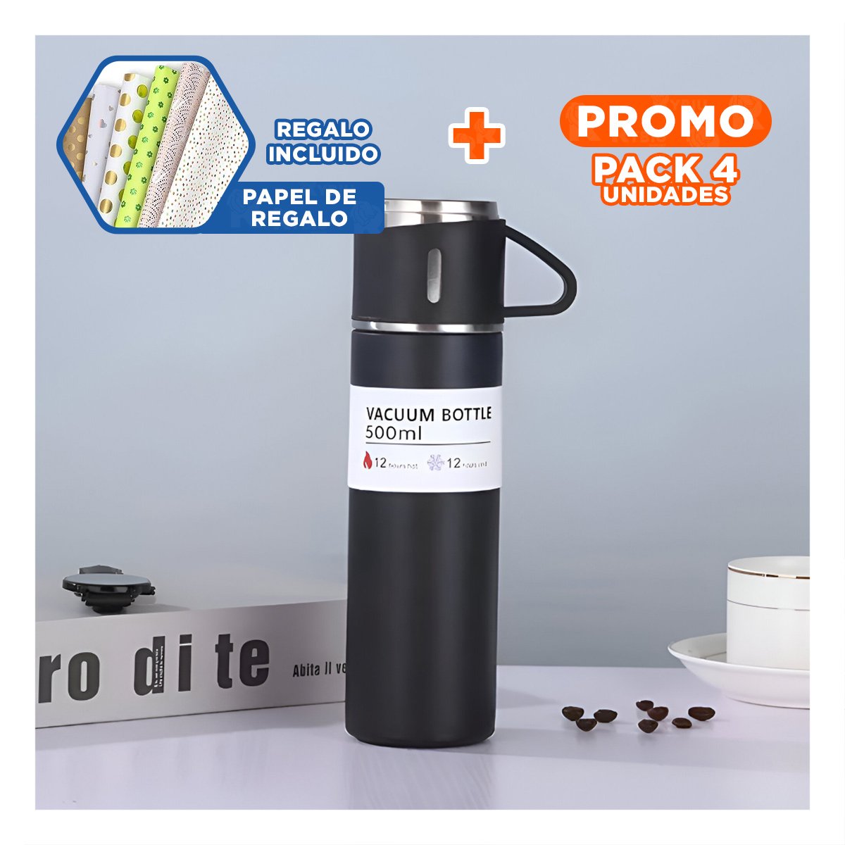 PACK4 JARRA MODERNA INDIVIDUAL CON DOS TAZAS PARA OFICINA NEGRO Y+PAPEL REGALO - 1