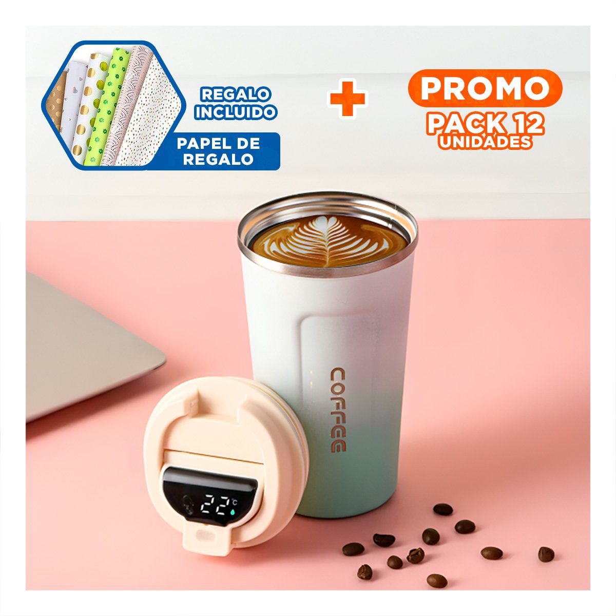 PACK12 RECIPIENTE PARA CAFÉ 510ML ROSADO CON BLANCO PERFECTO PARA USO DIARIO Y+PAPEL REGALO - 1