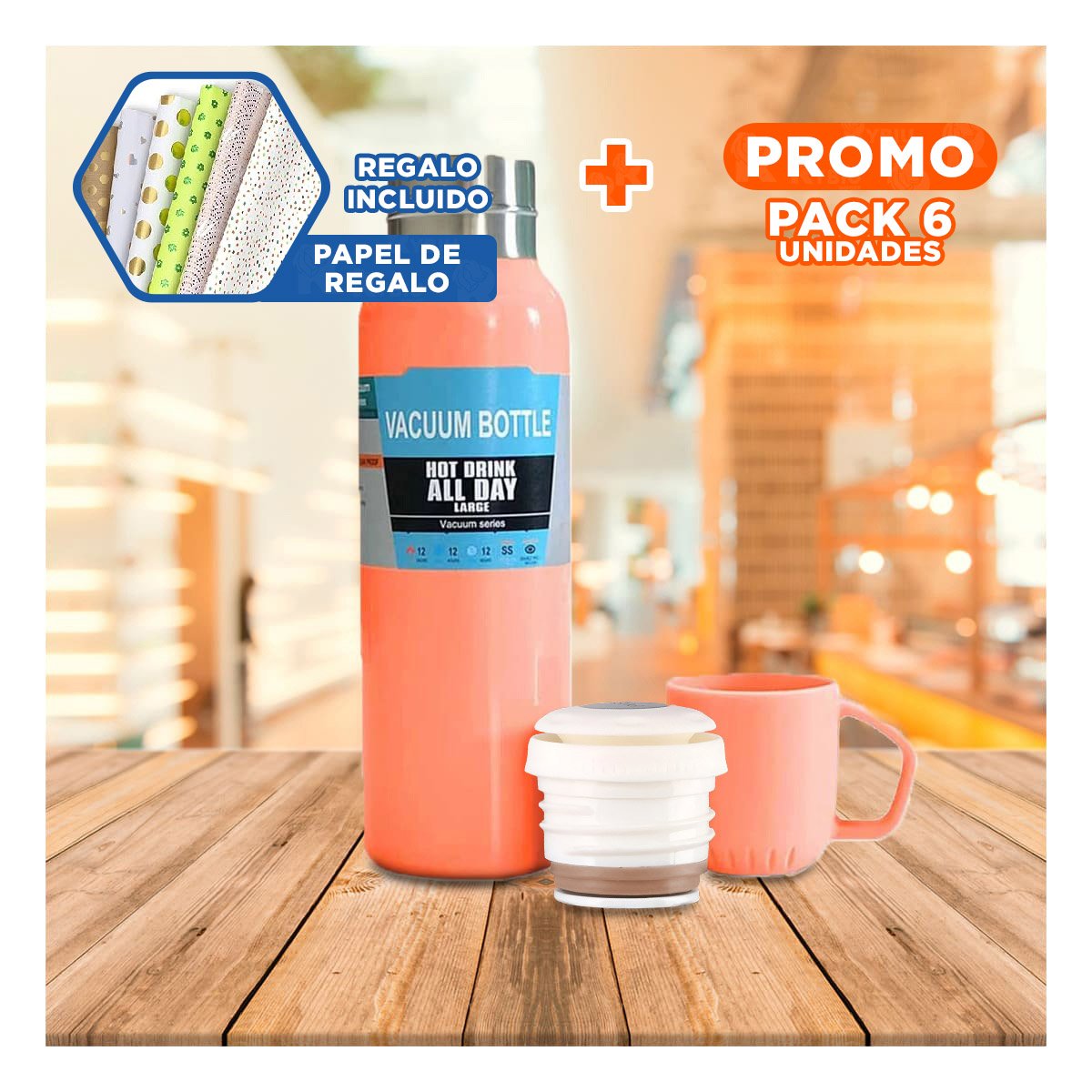 PACK6 TERMO MODERNO 500 ML CON 3 TAZAS NARANJA PARA HOGAR ACTUAL Y+PAPEL REGALO - 1