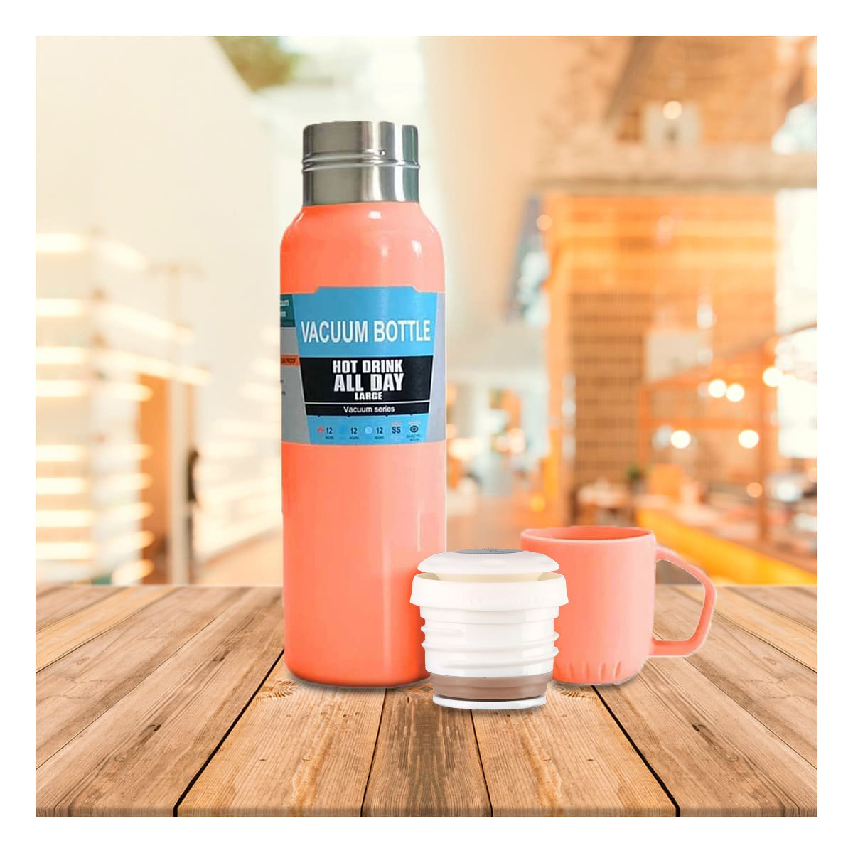 PACK6 TERMO MODERNO 500 ML CON 3 TAZAS NARANJA PARA HOGAR ACTUAL Y+PAPEL REGALO - 2