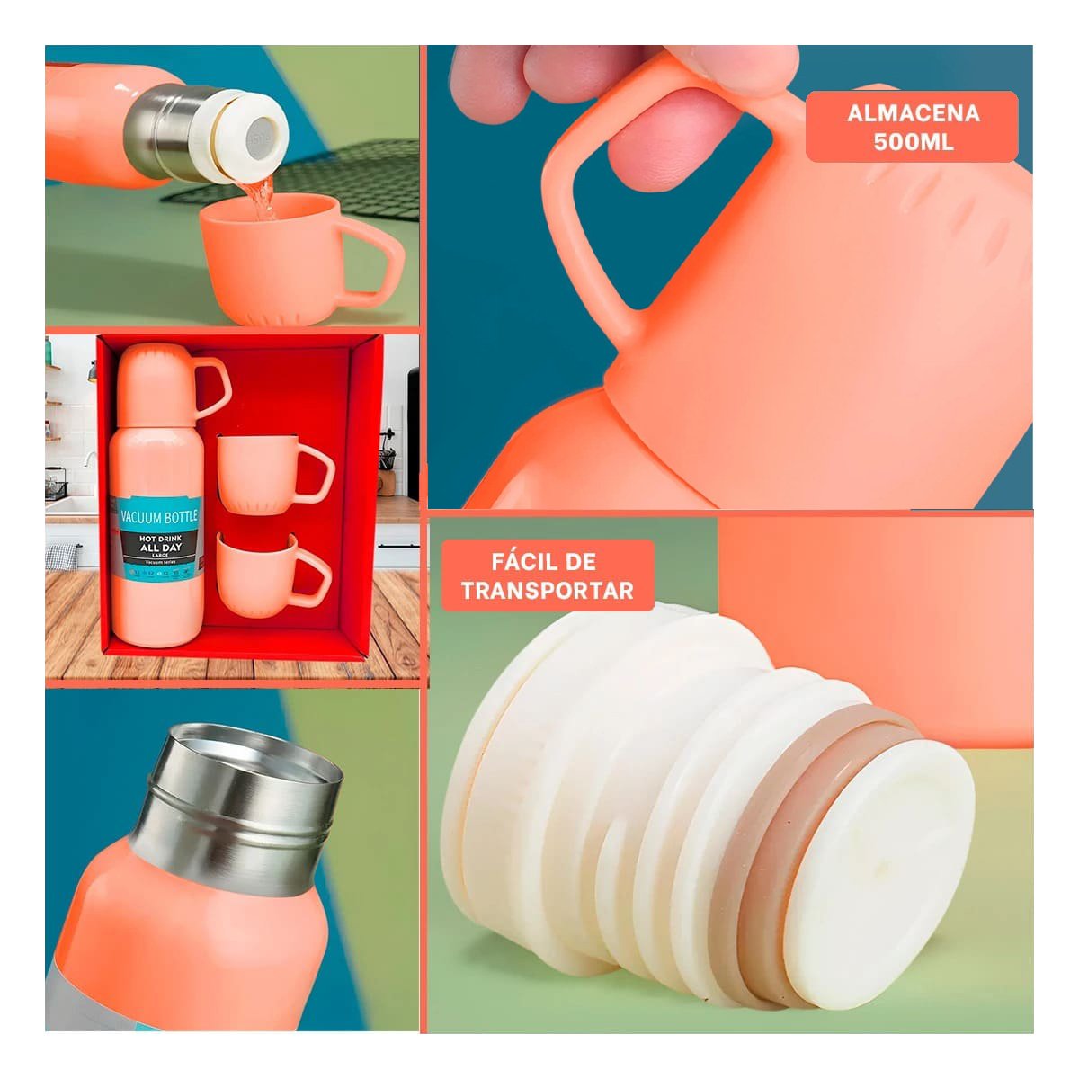 PACK6 TERMO MODERNO 500 ML CON 3 TAZAS NARANJA PARA HOGAR ACTUAL Y+PAPEL REGALO - 3