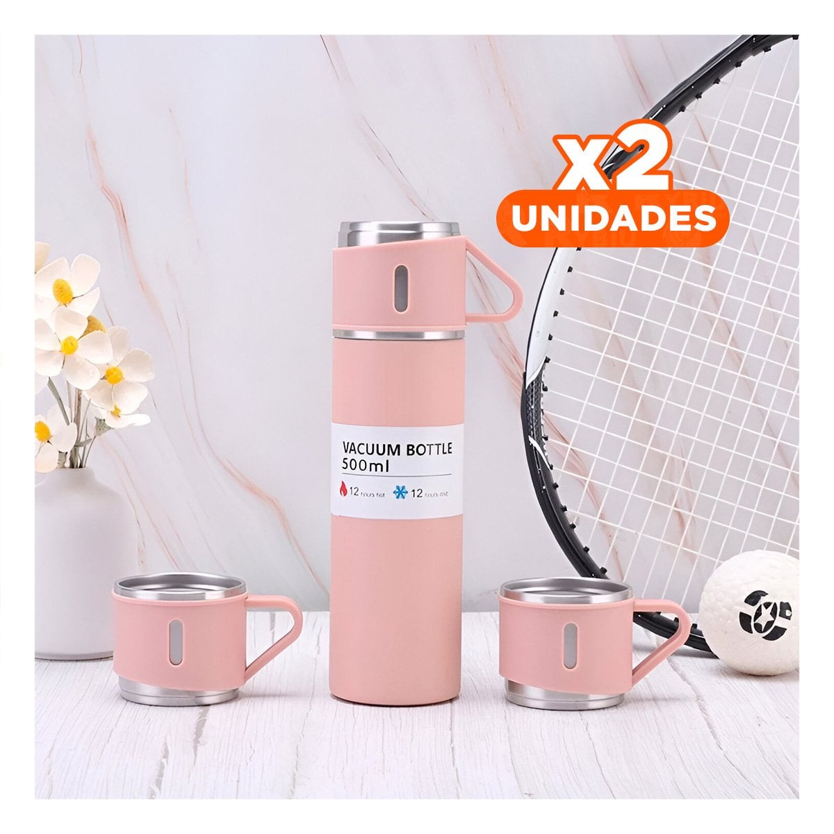 PACK2 TERMO MODERNO CON DOS TAZAS PARA BEBIDAS CALIENTES ROSADO Y+REGALO STICKER - 1