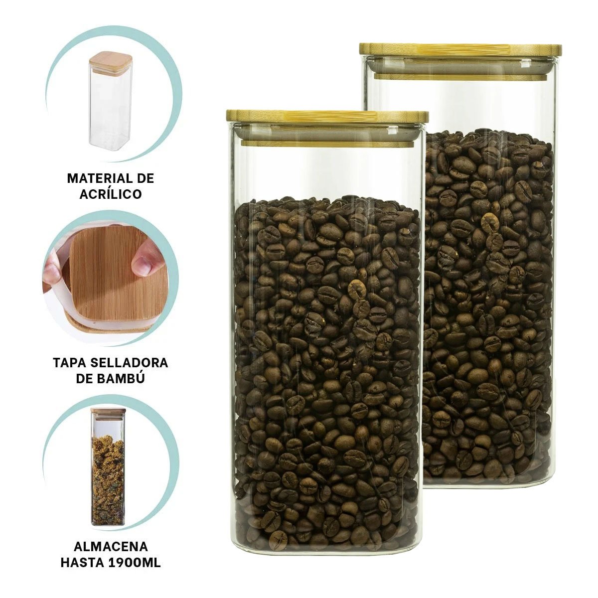 TARRO ACRILICO CON TAPA DE BAMBU PARA COCINA TRANSPARENTE 1900ML - 3