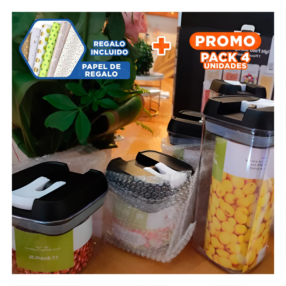 PACK4 PAQUETES DE ALIMENTOS ACRILICOS CON TAPA PALANCA NEGRA TRANSPARENTE SET 5 Y+PAPEL REGALO - 1