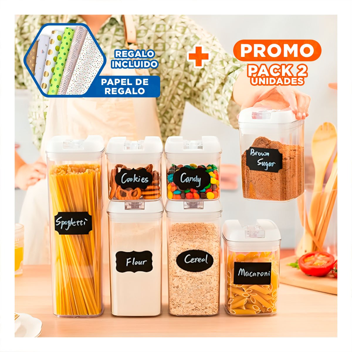 PACK2 SET HERMÉTICO CONTENEDORES ACRÍLICOS 7 PIEZAS MANTIENE ALIMENTOS Y+PAPEL REGALO - 1