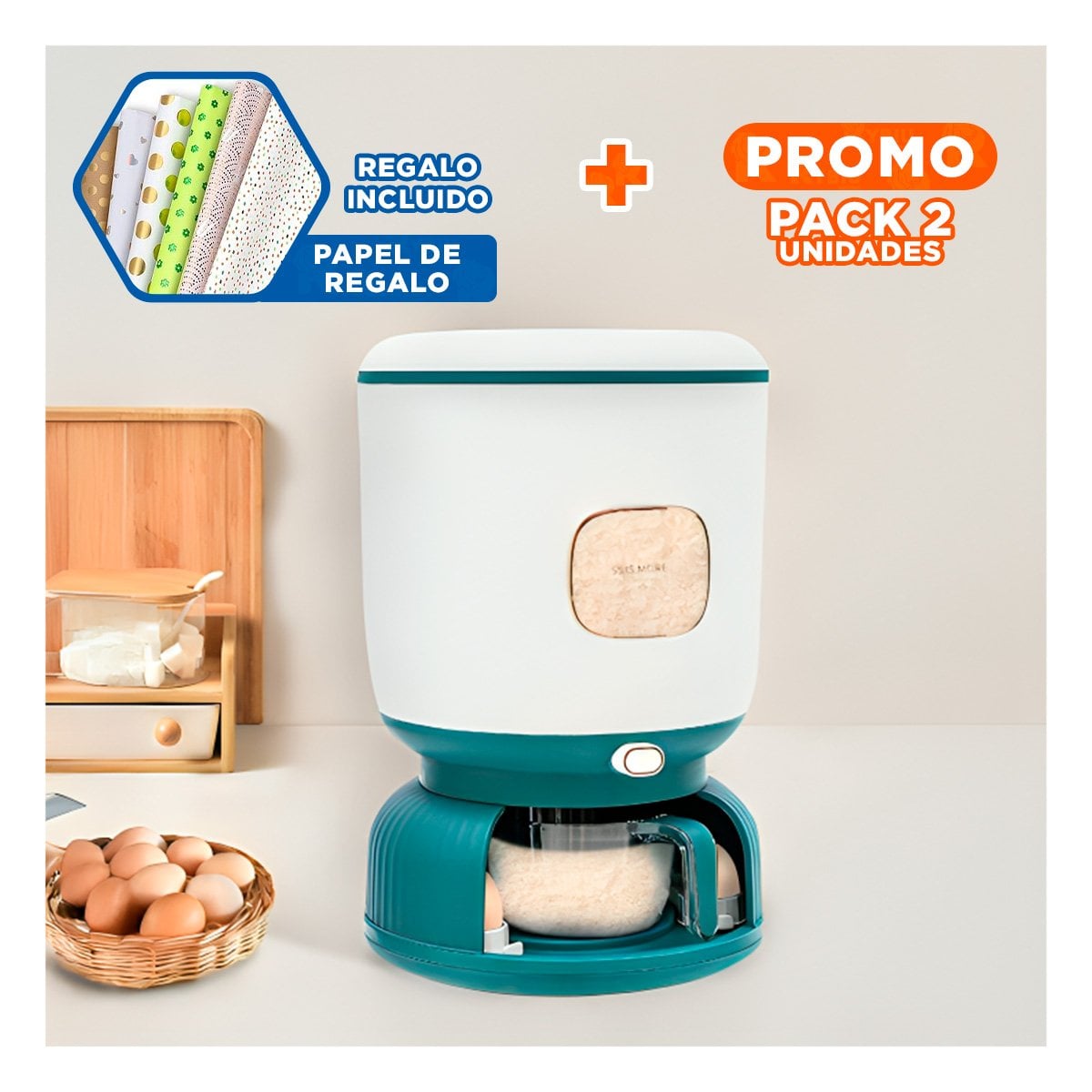 PACK2 DOSIFICADOR DE CEREALES Y LEGUMBRES 10KG CON CONTENEDOR HUEVOS Y+PAPEL REGALO - 1