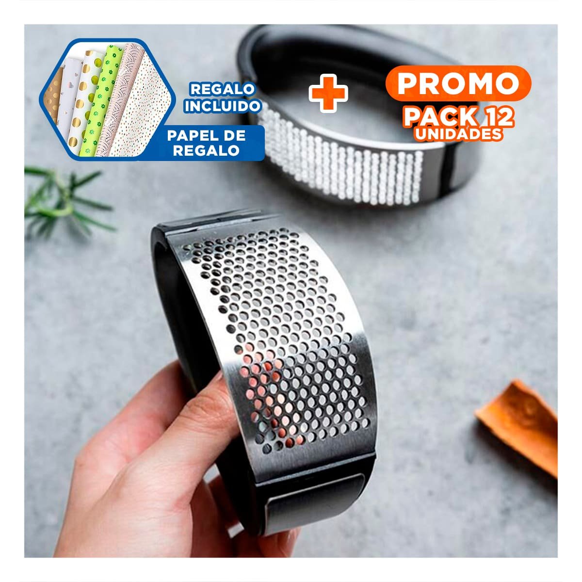 PACK12 TRITURADOR DE COCINA PARA AJO MANGO DE PLASTICO EN ALUMINIO Y+PAPEL REGALO - 1