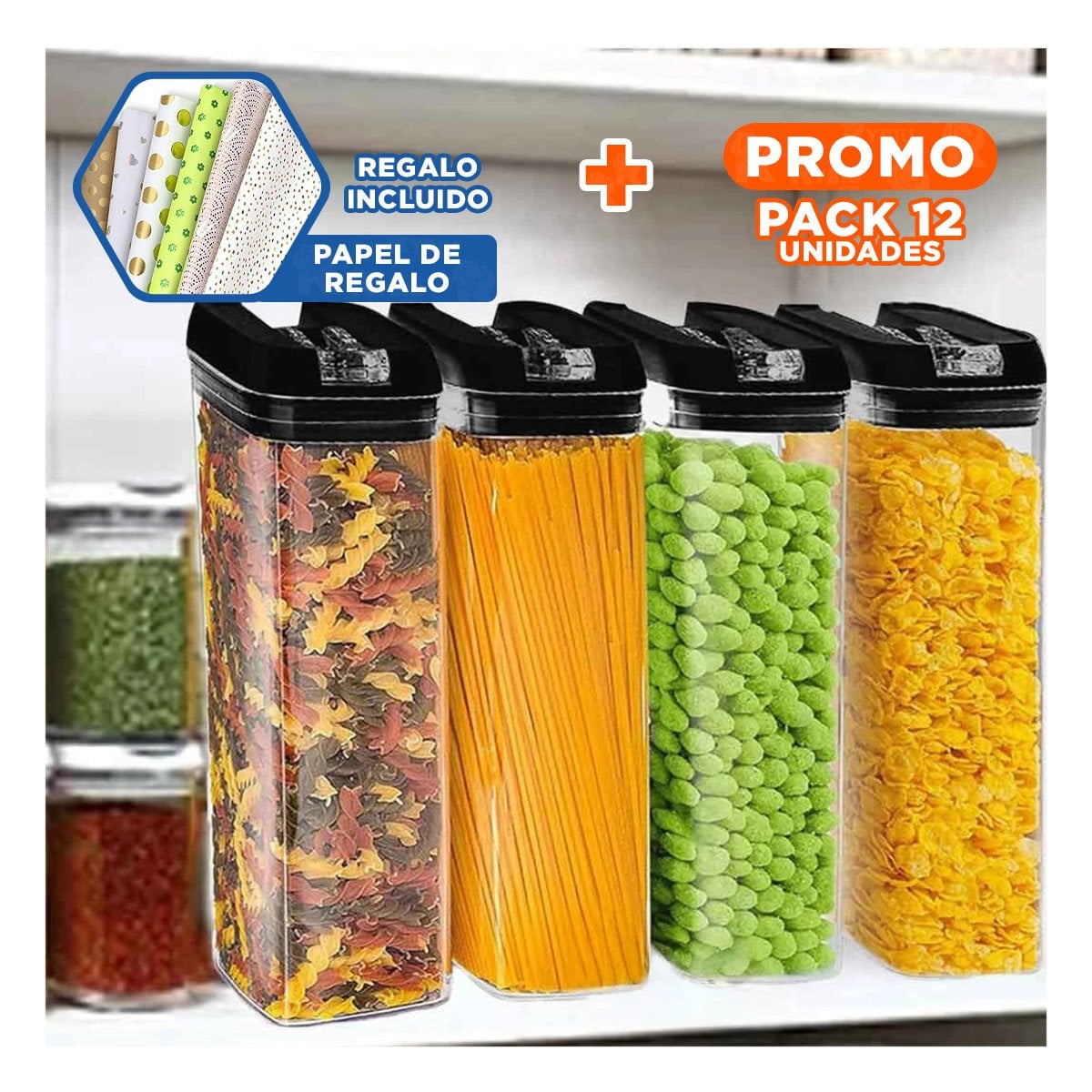 PACK12 CONTENEDOR HERMETICO ORGANIZADOR SNACKS TAPA PALANCA NEGRO 1900ML Y+PAPEL REGALO - 1