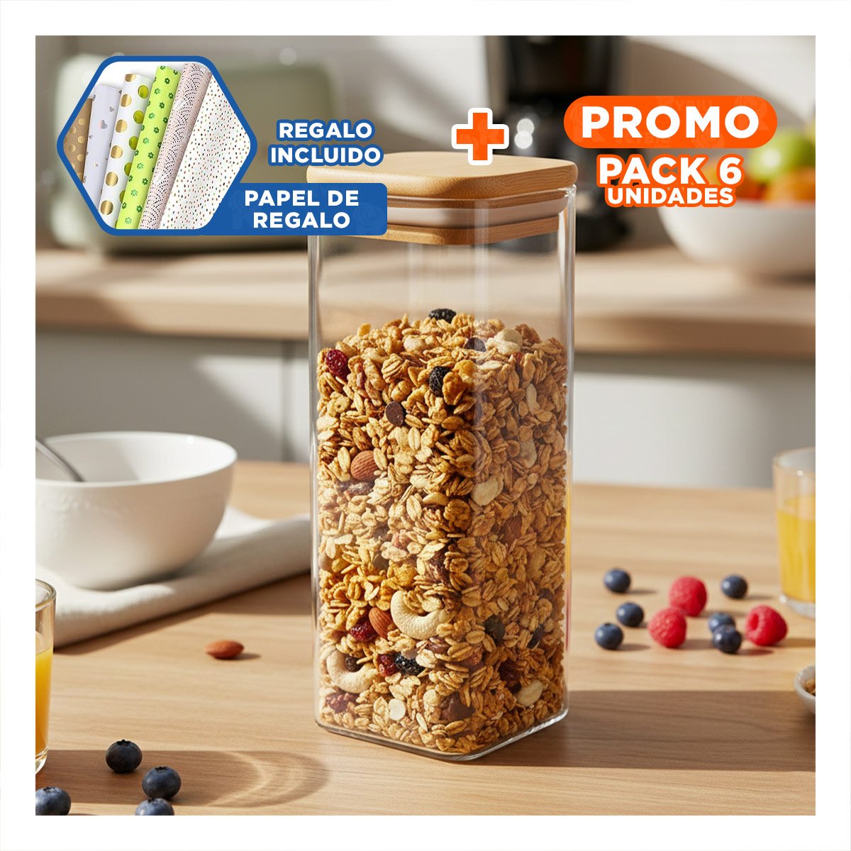 PACK6 DISPENSADOR ACRILICO COCINA Y DESPENSA TRANSPARENTE 1900ML Y+PAPEL REGALO - 1