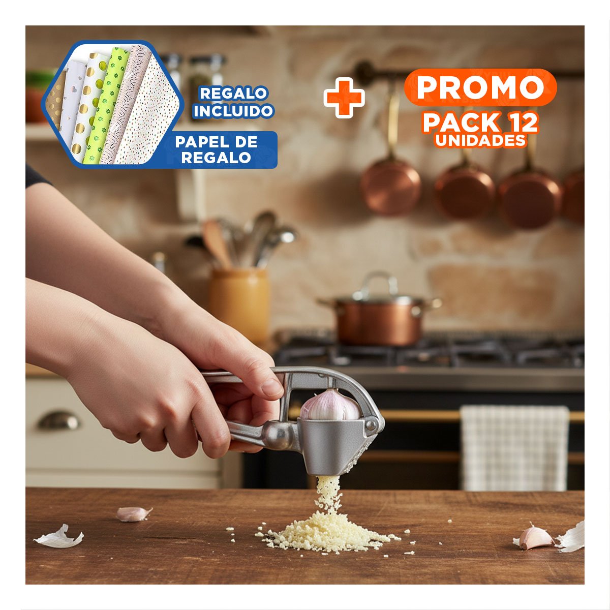 PACK12 TRITURADOR PRACTICO DE AJO PLATEADO DE ALUMINIO RESISTENTE Y+PAPEL REGALO - 1