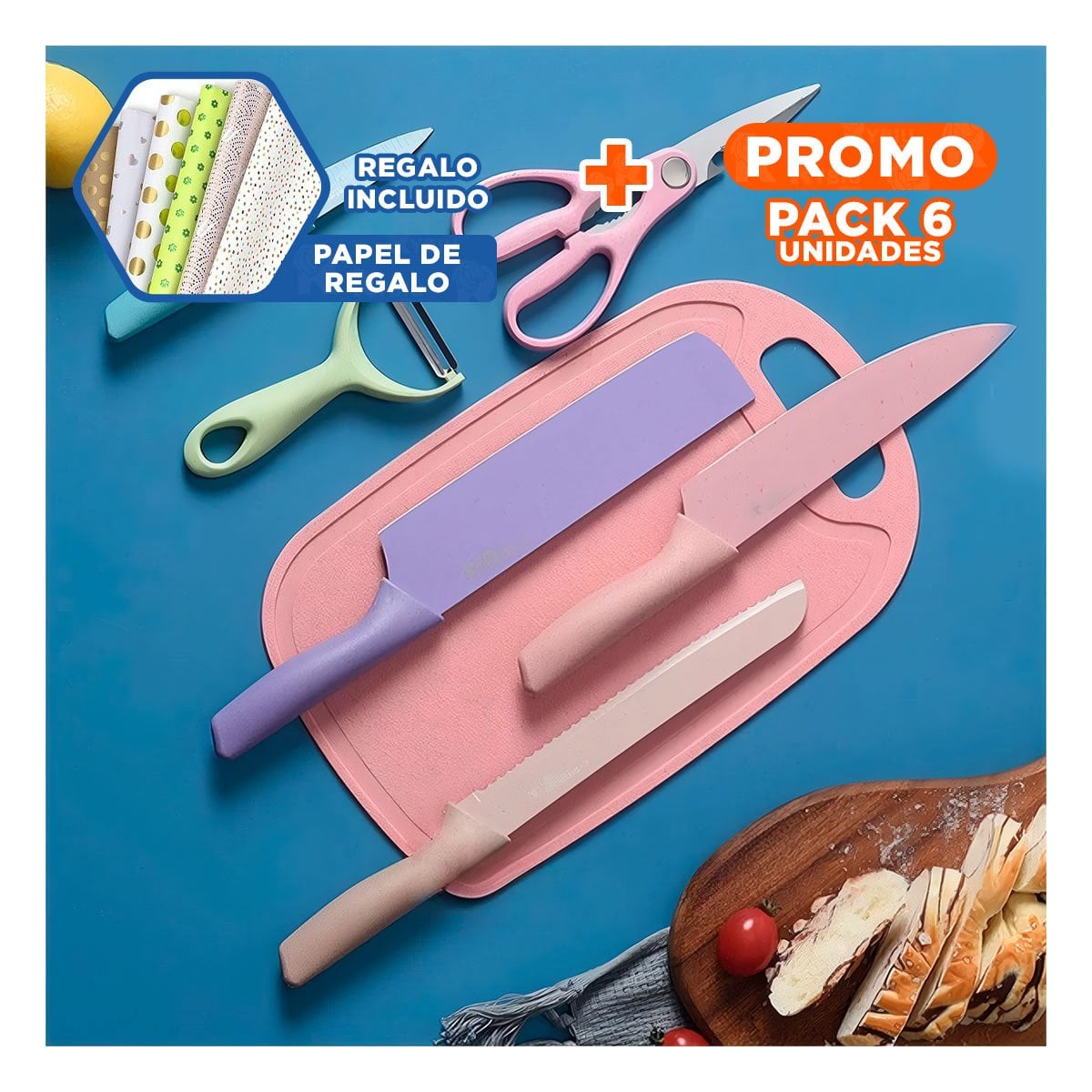 PACK6 KIT COCINA PRACTICA 6 PIEZAS DE CUCHILLOS DE COLORES Y+PAPEL REGALO - 1