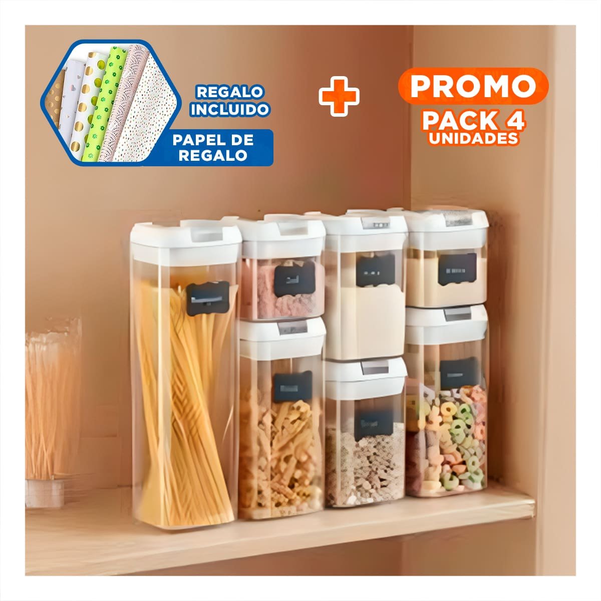 PACK4 SET HERMÉTICO CONTENEDORES ACRÍLICOS 7 PIEZAS TRANSPARENTE PARA COMIDA Y+PAPEL REGALO - 1