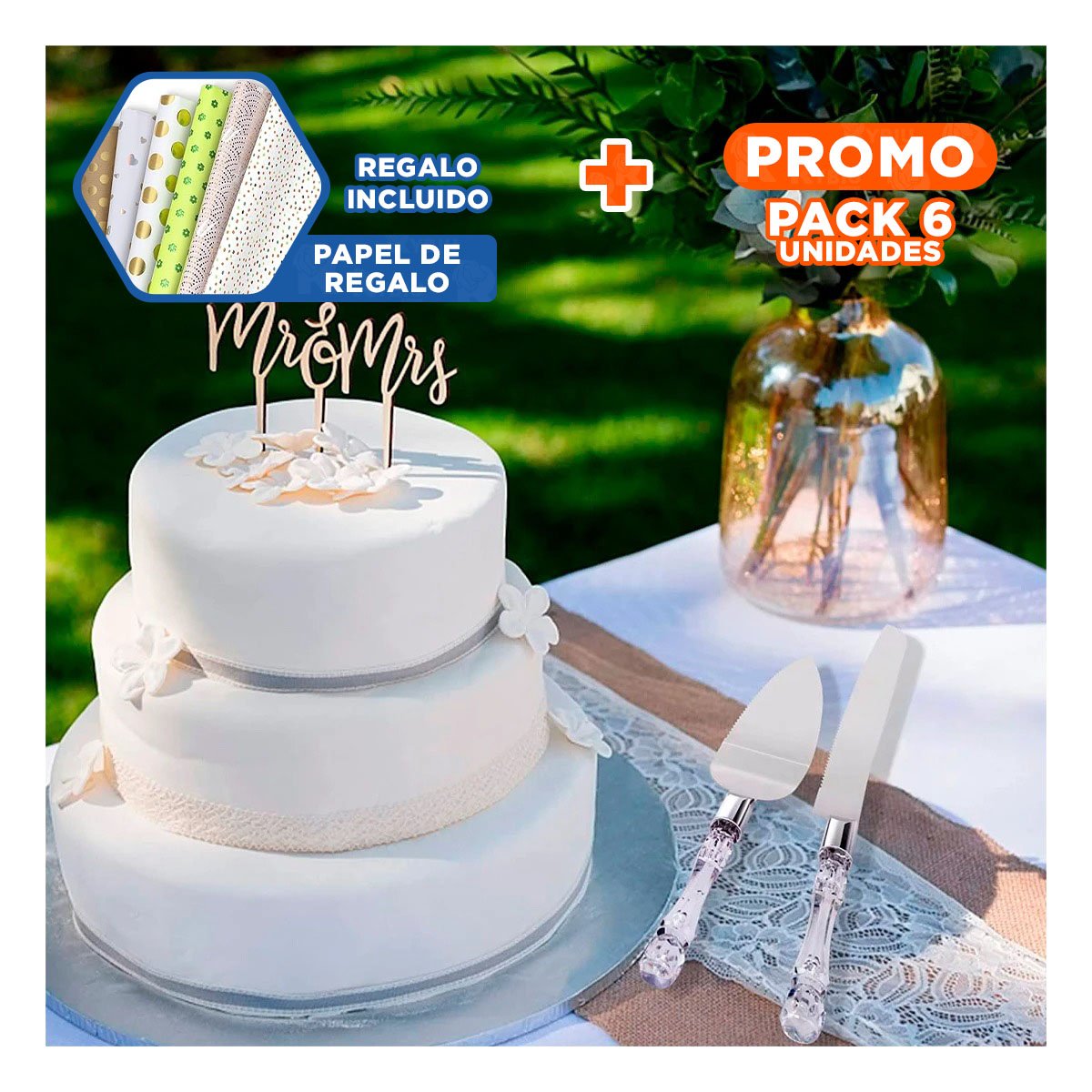 PACK6 JUEGO ELEGANTE DE CUCHILLOS DE PASTEL CON ESPATULA Y+PAPEL REGALO - 1