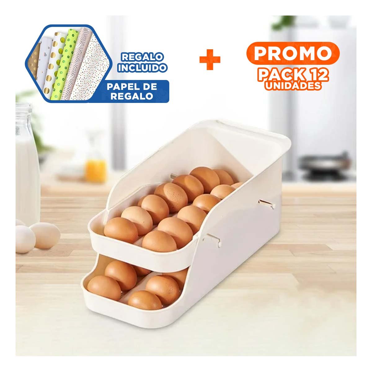 PACK12 PORTA HUEVOS Y PORTA LATAS 2 NIVELES BLANCO COMPACTO Y+PAPEL REGALO - 1