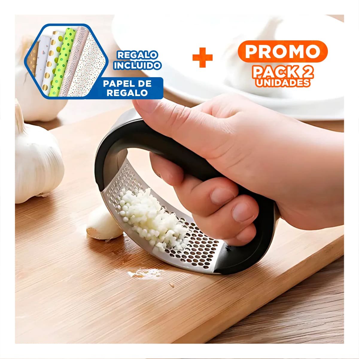 PACK2 PRENSA ERGONOMICA DE AJO MANGO DE PLASTICO EN ALUMINIO COCINA Y+PAPEL REGALO - 1