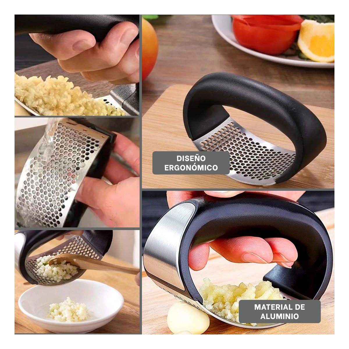 PACK2 PRENSA ERGONOMICA DE AJO MANGO DE PLASTICO EN ALUMINIO COCINA Y+PAPEL REGALO - 3