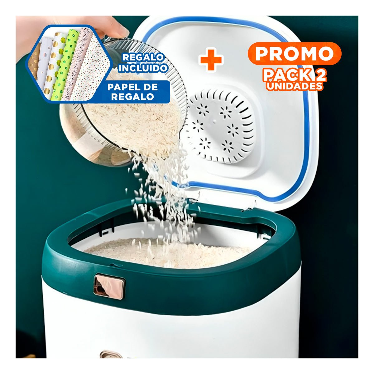 PACK2 DISPENSADOR CON VENTANA VERDE PARA ARROZ Y CEREALES DE 10KG Y+PAPEL REGALO - 1