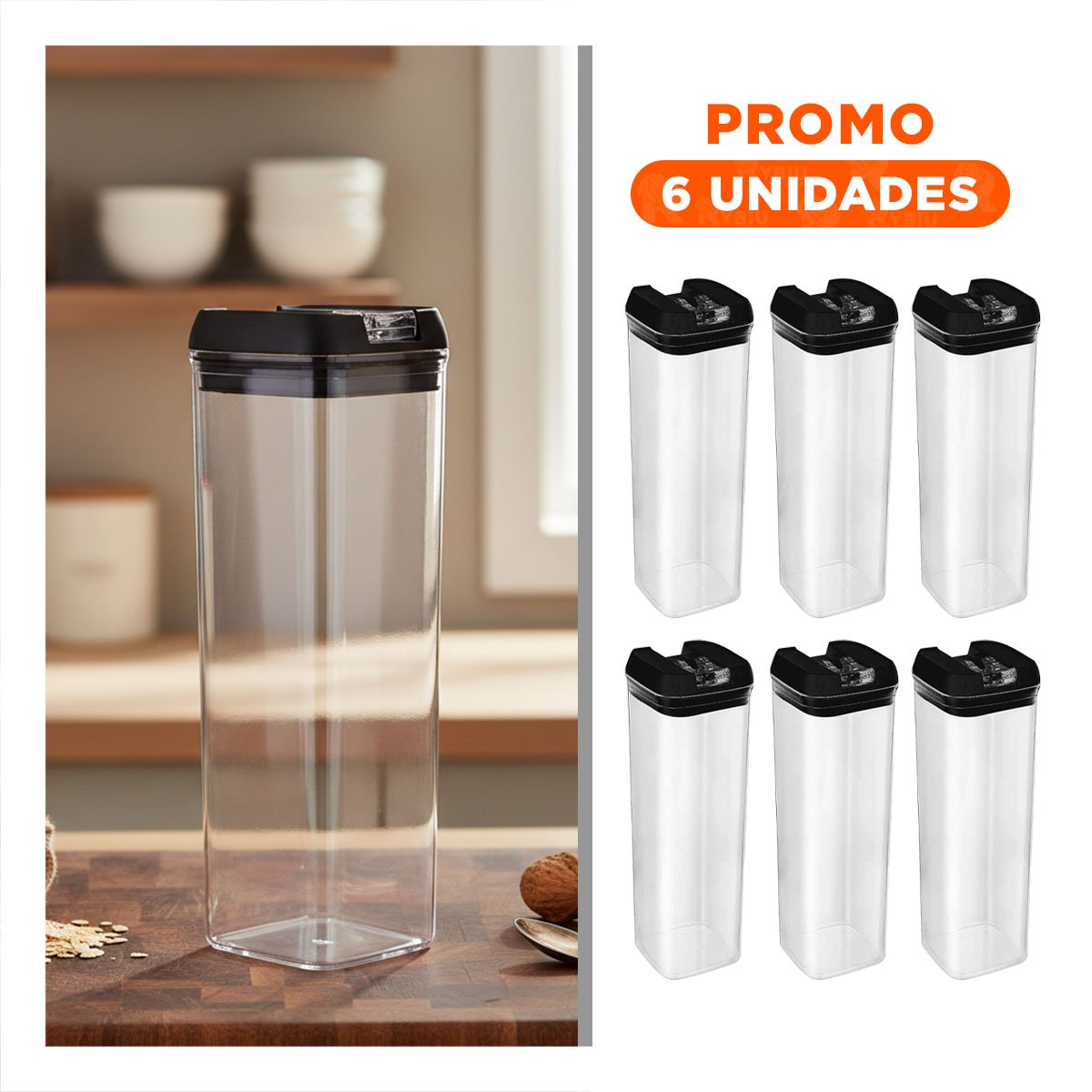 PACK6 CUBETA ACRILICO MANTENER GRANOS FRESCOS TAPA PALANCA NEGRO 1900ML - 1