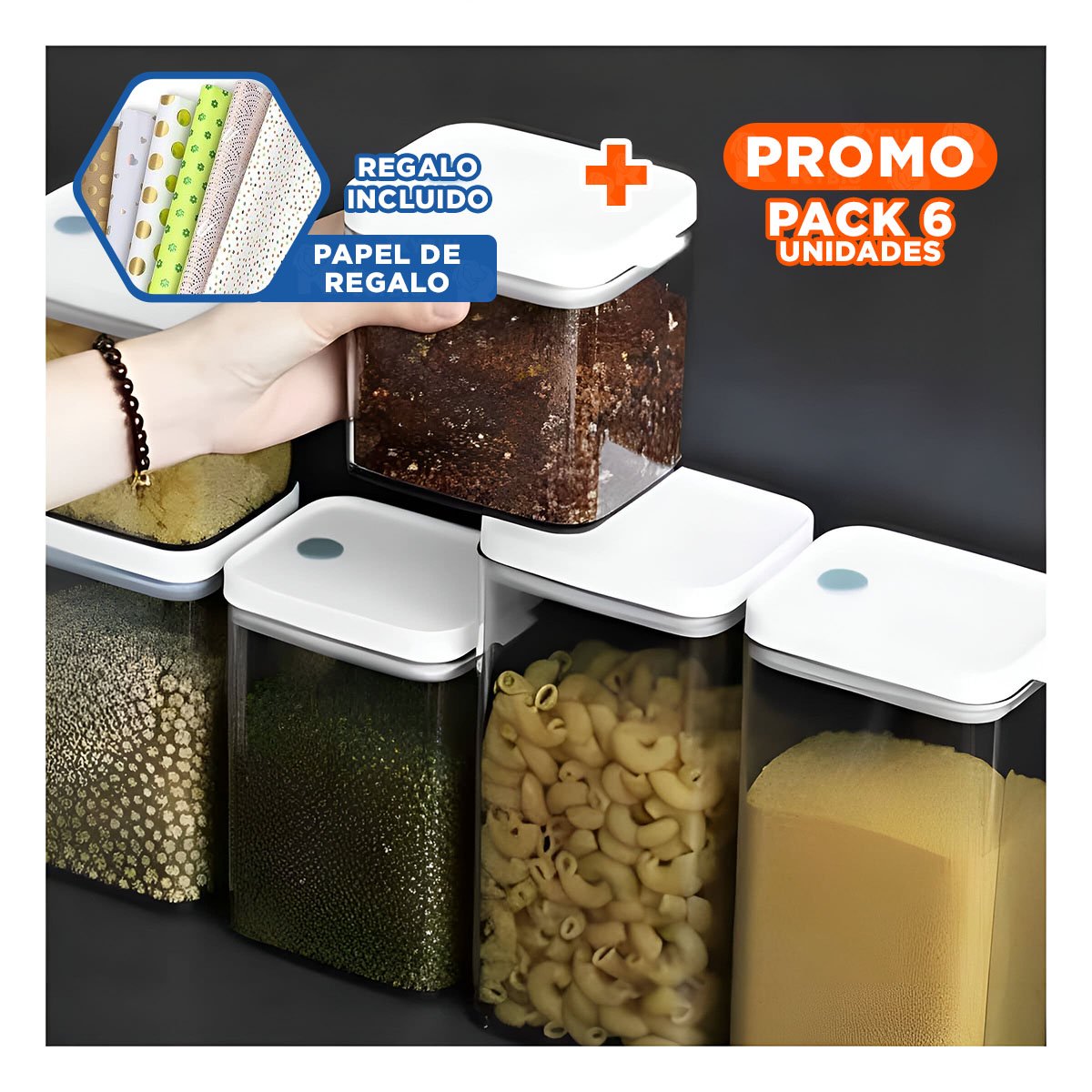 PACK6 POTE ACRILICO PARA HARINAS Y LEGUMBRES TAPA BLANCA PUNTO PLOMO 1900ML Y+PAPEL REGALO - 1