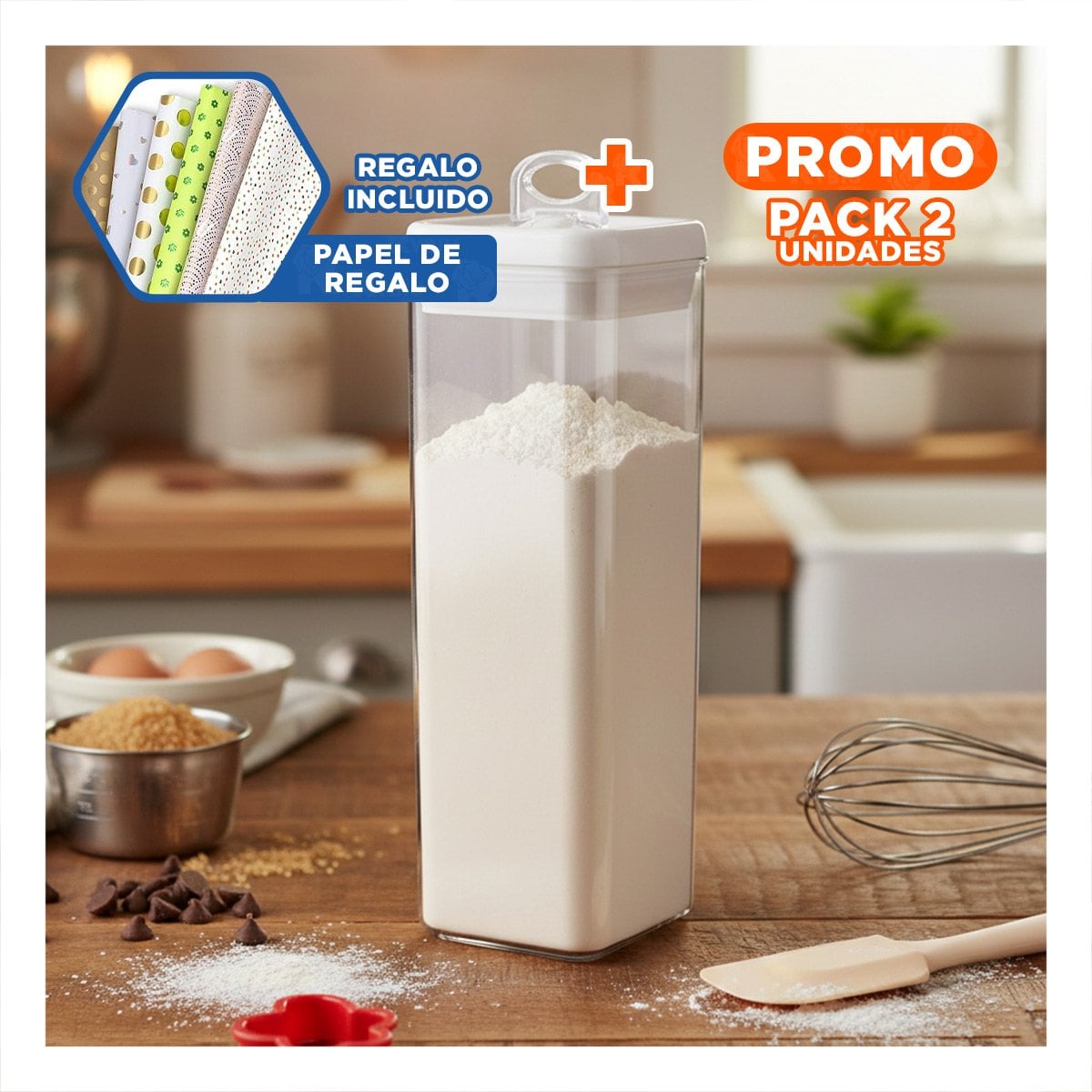 PACK2 BOTE ACRILICO PARA HARINAS FRESCAS TAPA BLANCA 1900ML Y+PAPEL REGALO - 1