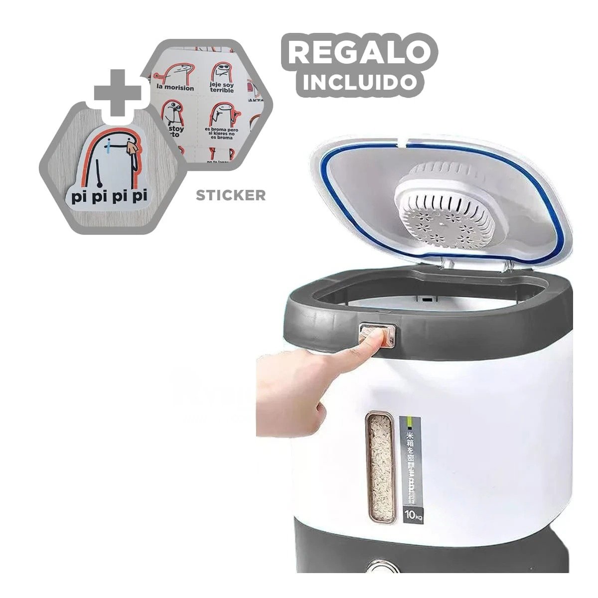 SUMINISTRADOR SEGURO ARROZ Y LEGUMBRES 10KG PLOMO CON BLANCO Y+REGALO STICKER - 1