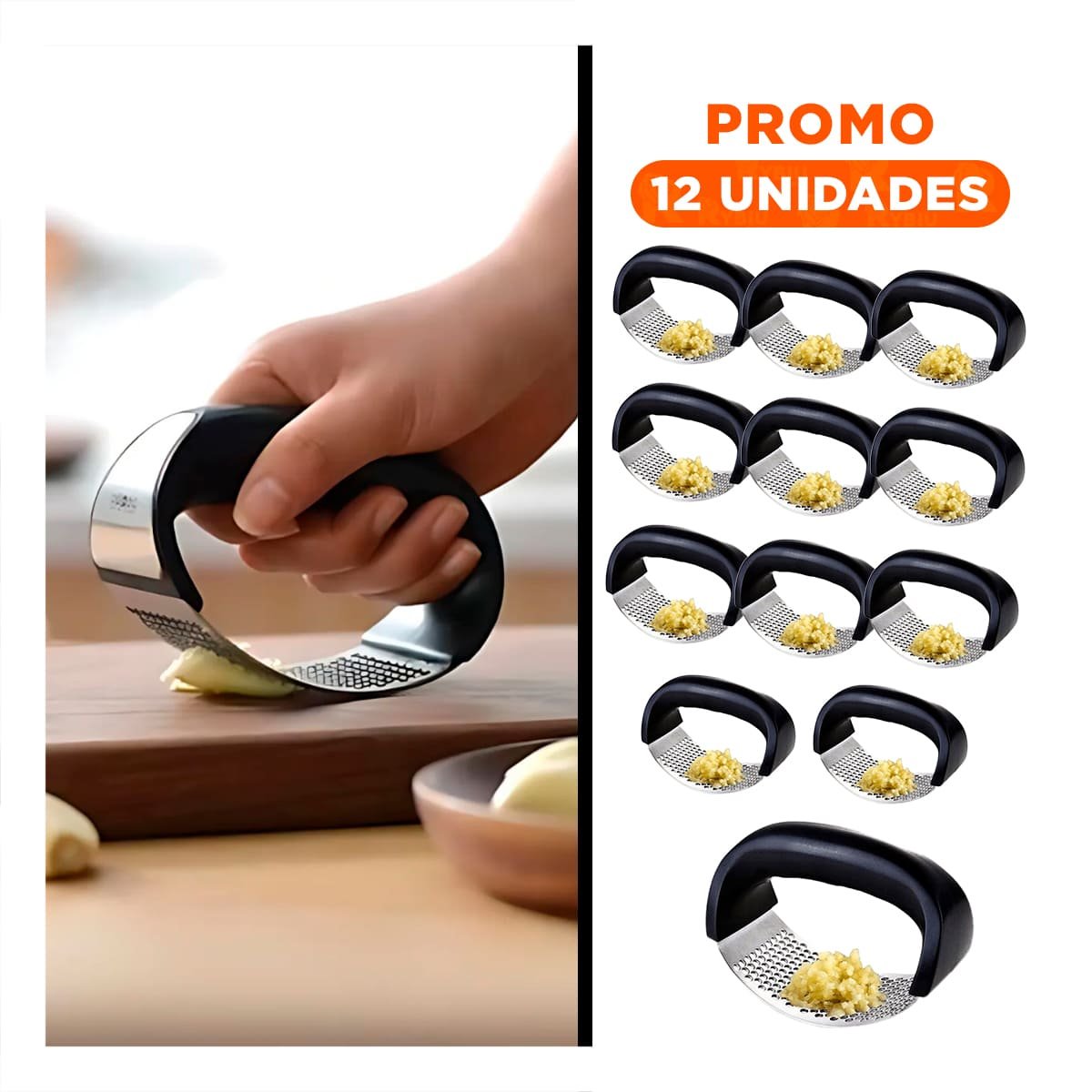 PACK12 APLASTADOR DE COCINA PARA AJO MANGO DE PLASTICO EN ALUMINIO Y+REGALO STICKER - 1