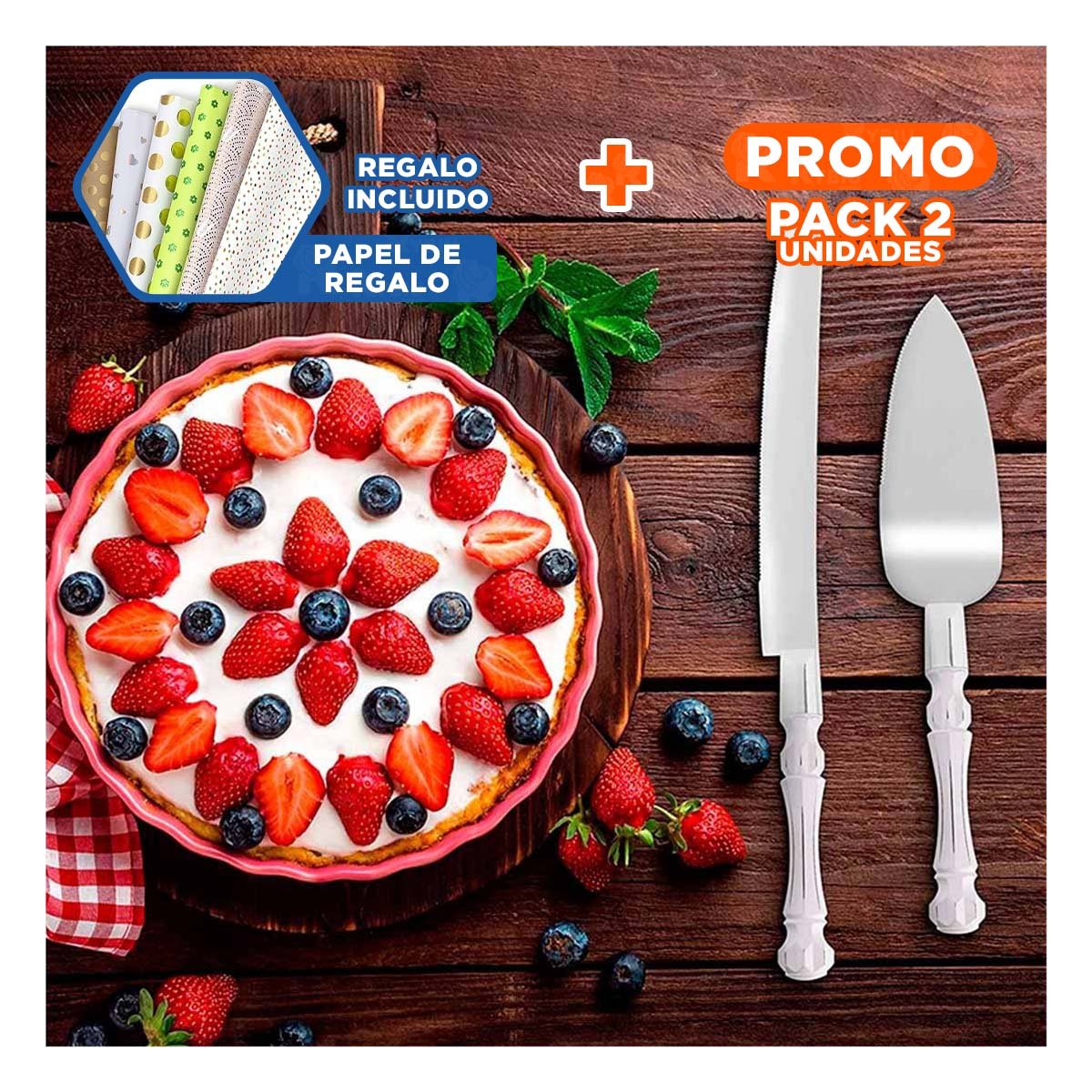 PACK2 JUEGO DE REPOSTERIA PARA PASTEL CON CUCHILLOS PLATEADO Y+PAPEL REGALO - 1