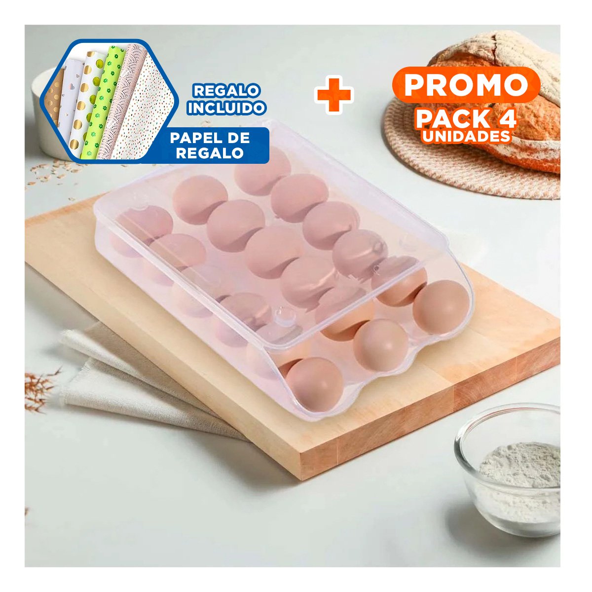 PACK4 CAJA PLASTICA COMPACTA PARA 18 HUEVOS TRANSPARENTE ORGANIZA LA COCINA Y+PAPEL REGALO - 1