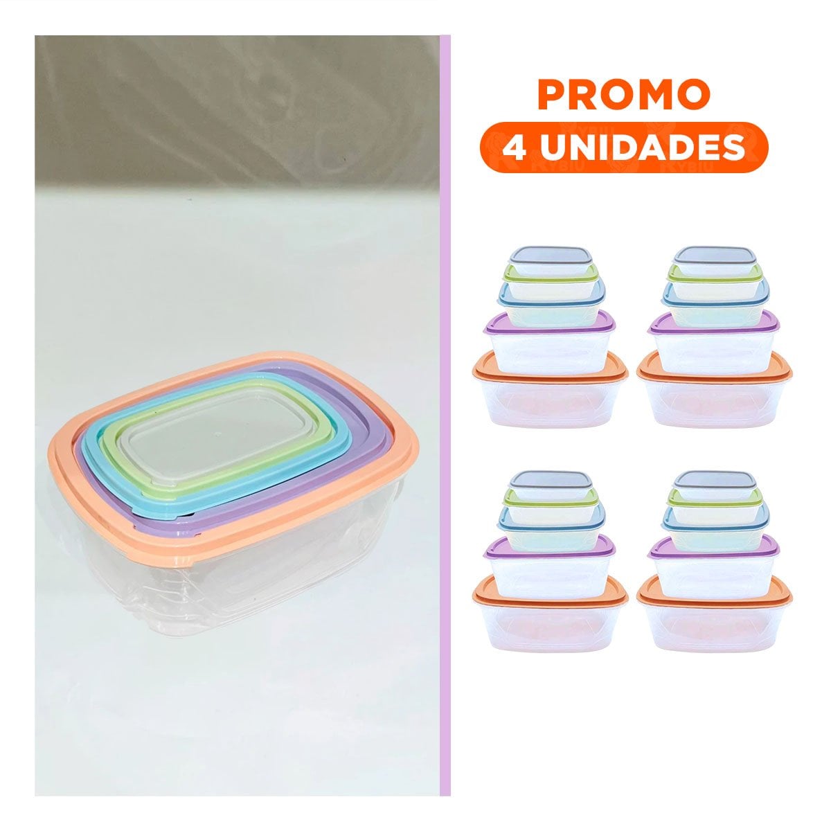 PACK4 CONTENEDORES RECTANGULARES 5 PIEZAS COLORES PASTEL PARA ALIMENTOS Y+REGALO STICKER - 1