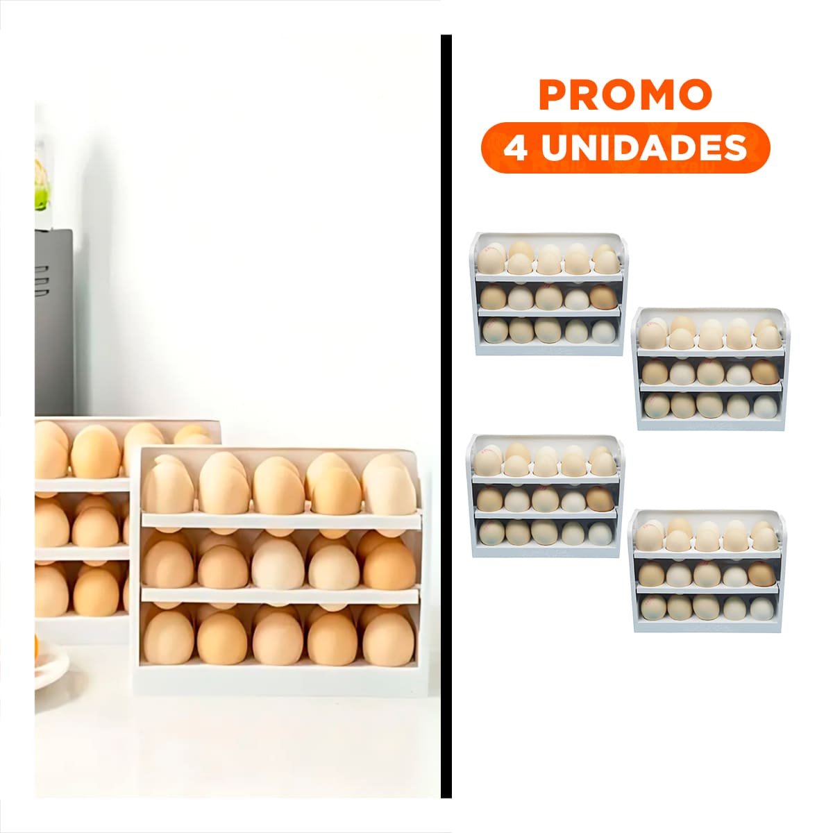 PACK4 SOPORTE BLANCO CON ESPACIO PARA 30 HUEVOS EN TRES NIVELES COMPACTOS Y+REGALO STICKER - 1