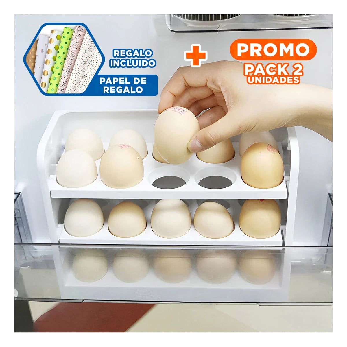 PACK2 ORGANIZADOR BLANCO CON DISTRIBUCION EN TRES NIVELES PARA 30 HUEVOS Y+PAPEL REGALO - 1