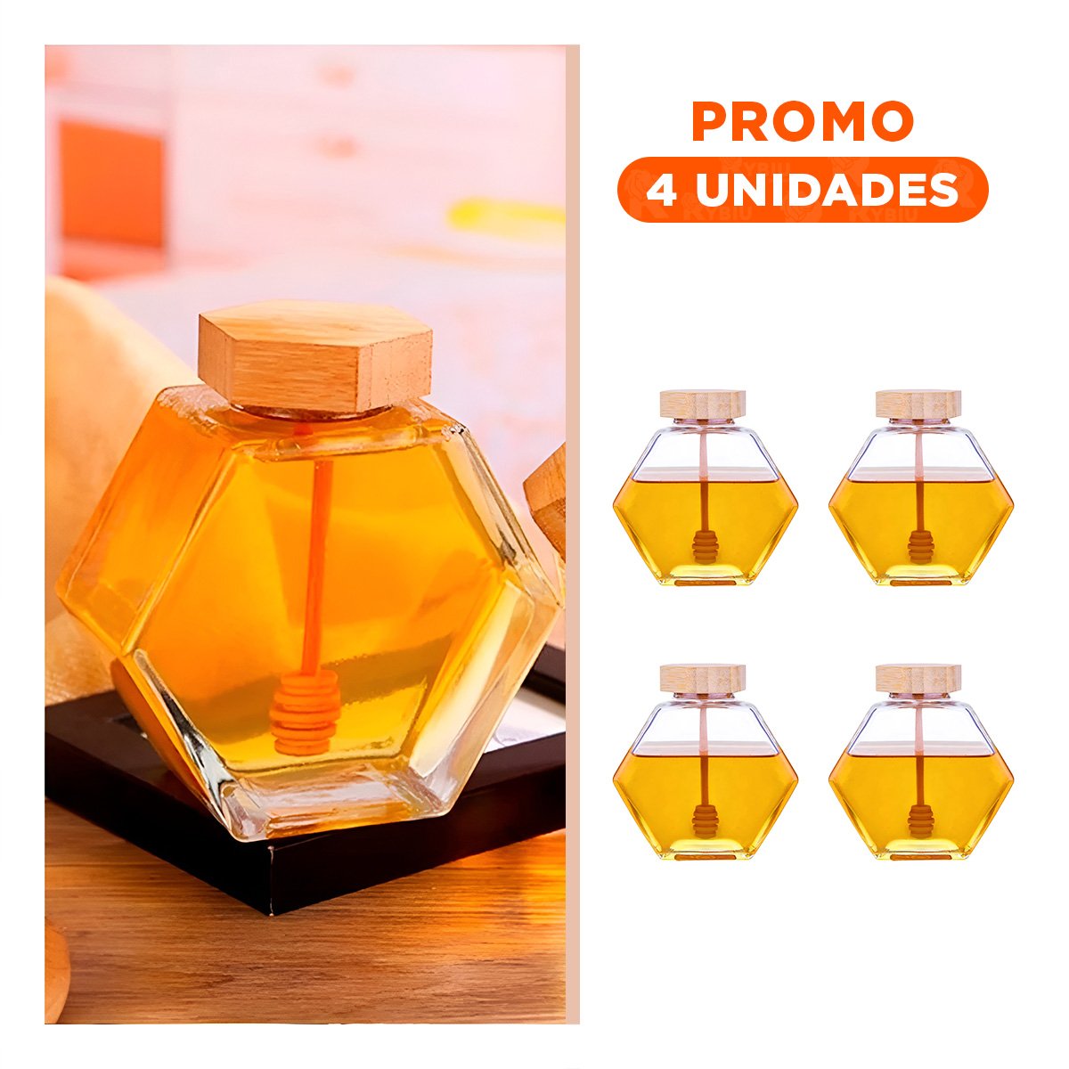 PACK4 RECIPIENTE 380ML EN VIDRIO CON TAPA DE MADERA PARA MIEL Y+REGALO STICKER - 1