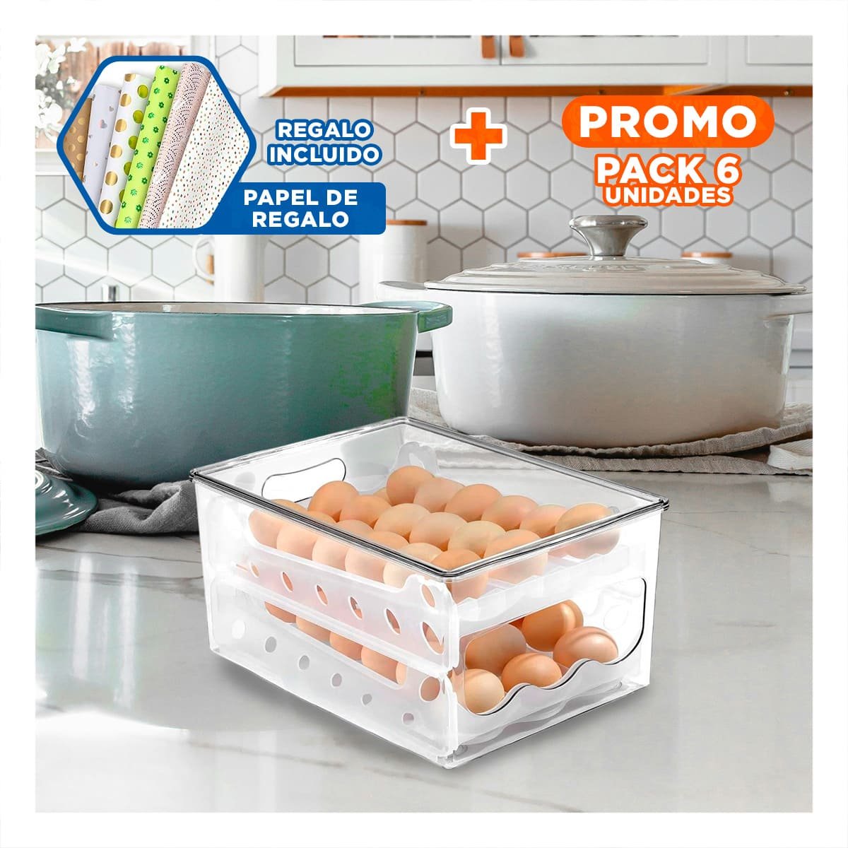 PACK6 CAJA ESTUCHE TRANSPARENTE PARA 36 HUEVOS MULTIUSO COCINA Y+PAPEL REGALO - 1