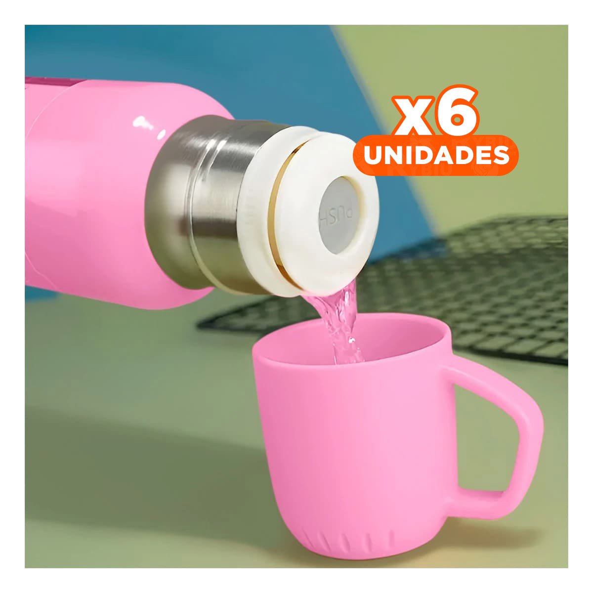 PACK6 MODELO PORTATIL DE 500ML CON 3 TAZAS ROSADO RESISTENTE DURADERO Y+REGALO STICKER - 1