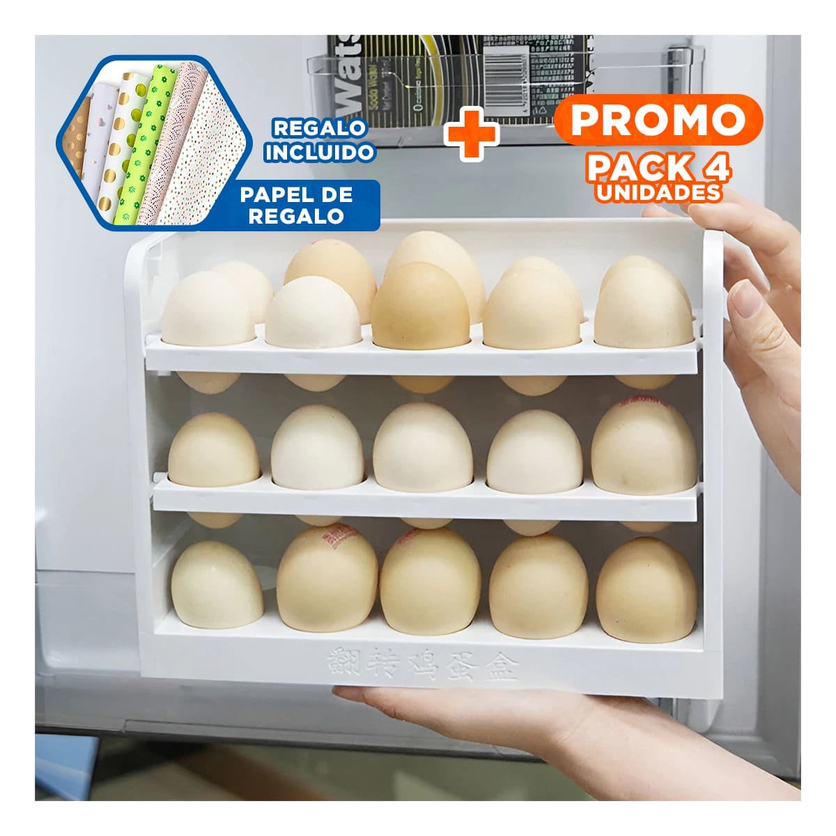 PACK4 ORGANIZADOR EN BLANCO DE TRES NIVELES PARA 30 HUEVOS CON ORDEN VISUAL Y+PAPEL REGALO - 1