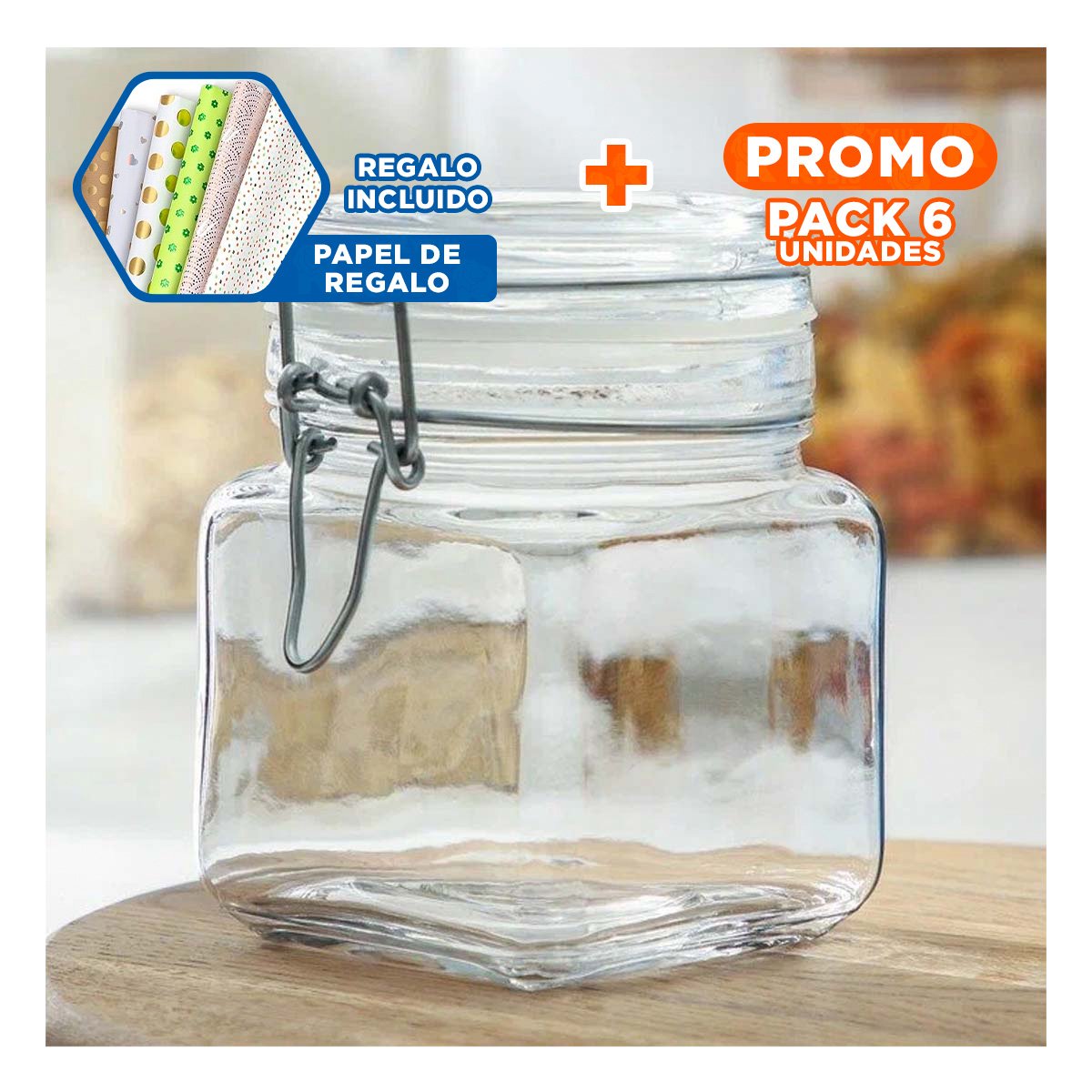 PACK6 RECIPIENTE MODERNO DE VIDRIO DE 100 ML MULTIUSO CON TAPA Y CIERRE SEGURO Y+PAPEL REGALO - 1