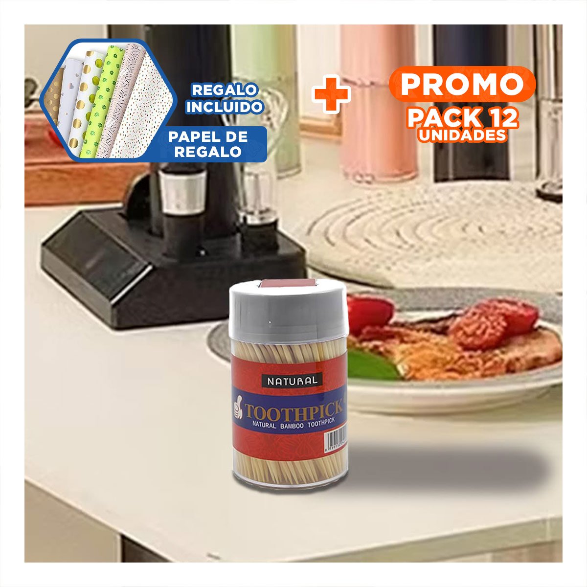 PACK12 DISPENSADOR DE COLOR BLANCO PACK DE 2 PARA MONDADIENTES DE COCINA Y+PAPEL REGALO - 1