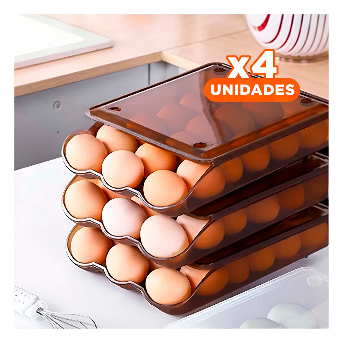 PACK4 CONTENEDOR MODERNO TRANSPARENTE MARRON PARA 18 HUEVOS FACIL DE ACCEDER EN COCINA - 1