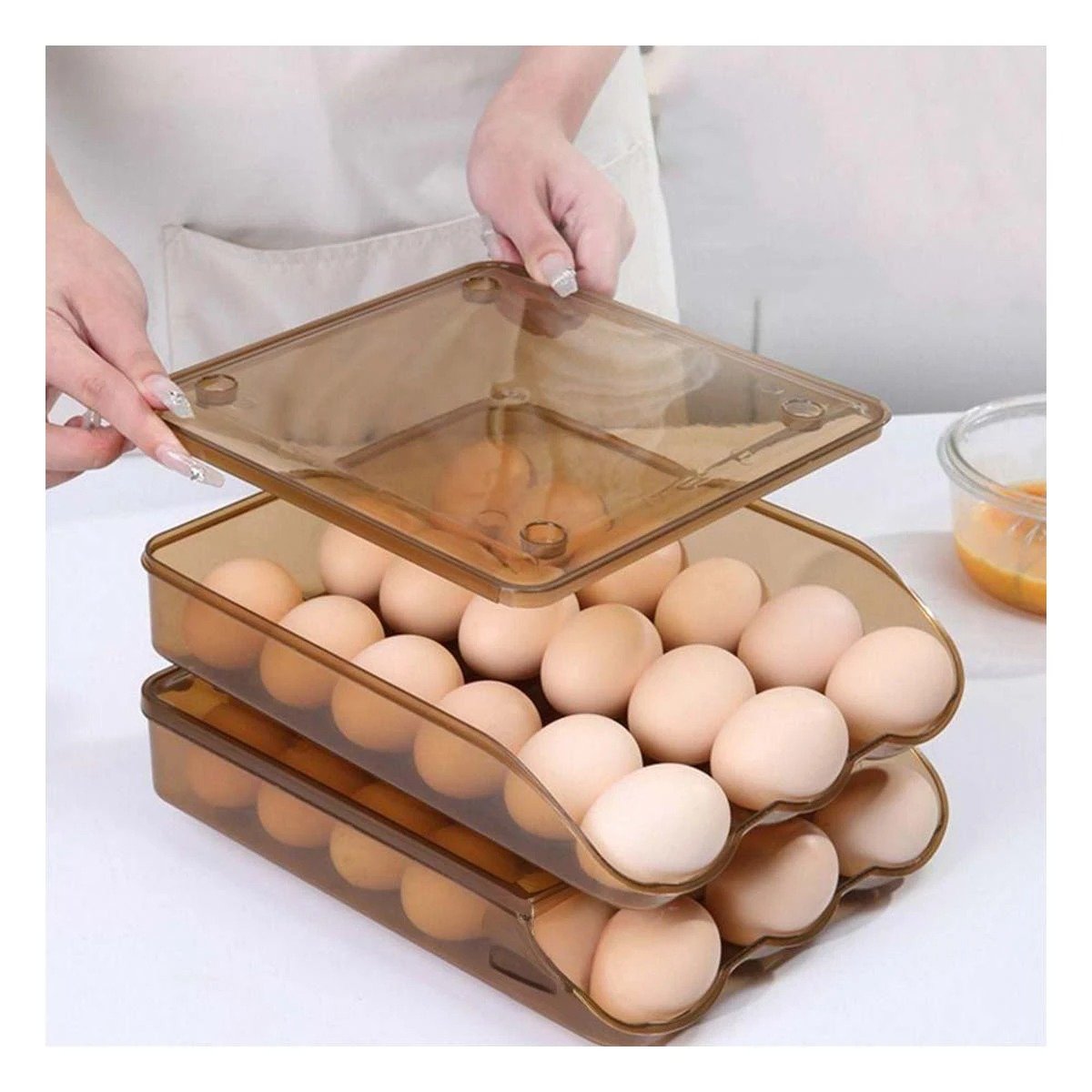 PACK4 CONTENEDOR MODERNO TRANSPARENTE MARRON PARA 18 HUEVOS FACIL DE ACCEDER EN COCINA - 3