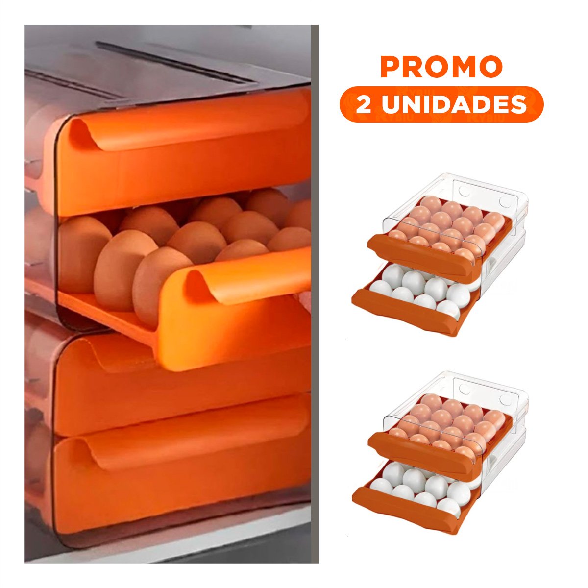 PACK2 ORGANIZADOR FUNCIONAL COLOR ANARANJADO CON COMPARTIMENTO DOBLE ACRILICO PARA HUEVOS - 1