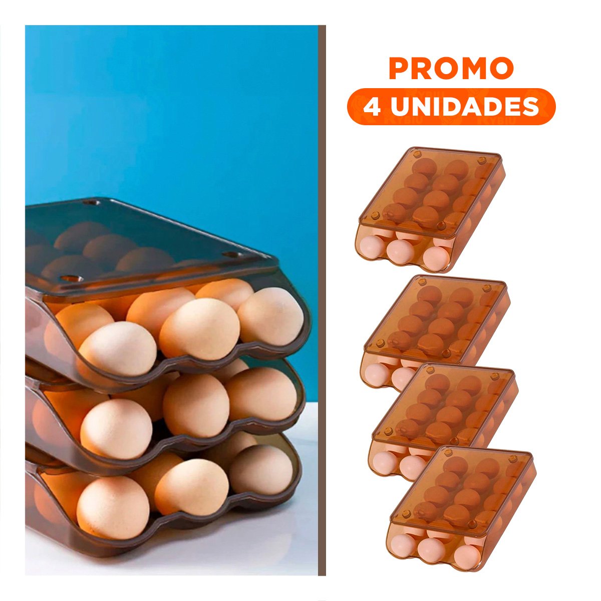 PACK4 RECIPIENTE ELEGANTE TRANSPARENTE MARRON PARA 18 HUEVOS EN COCINA CASA Y+REGALO STICKER - 1