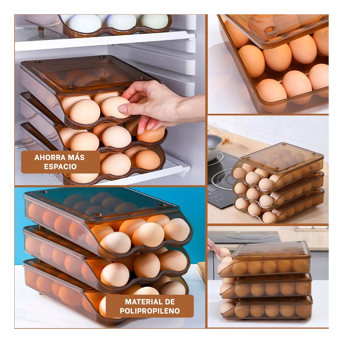 PACK4 RECIPIENTE ELEGANTE TRANSPARENTE MARRON PARA 18 HUEVOS EN COCINA CASA Y+REGALO STICKER - 2