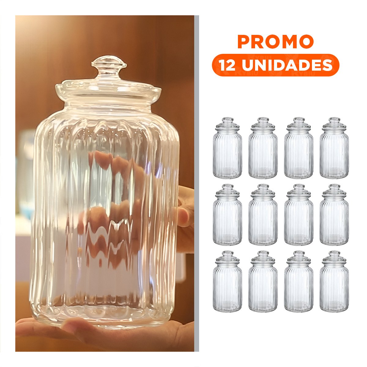 PACK12 CONTENEDOR DE VIDRIO COLOR TRANSPARENTE MULTIUSO PARA 2 KILOS EN HOGAR Y+REGALO STICKER - 1