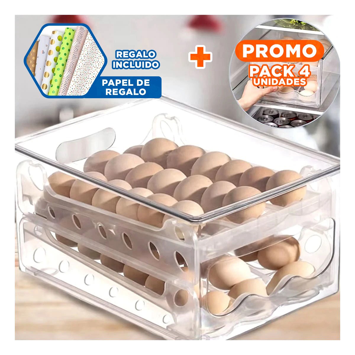 PACK4 CONTENEDOR ESTUCHE TRANSPARENTE PARA 36 HUEVOS MULTIUSO HOGAR COCINA Y+PAPEL REGALO - 1